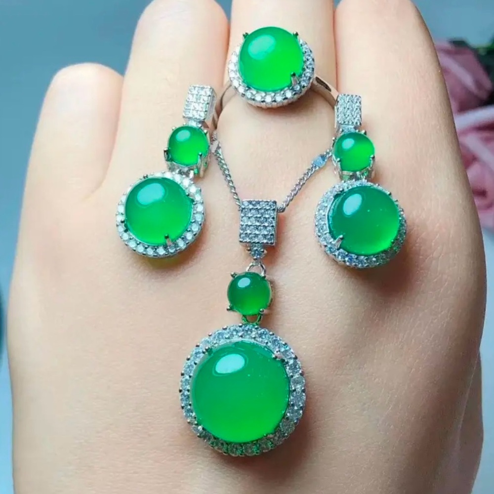 Classic Luxury Silver Natural Ice Chalcedony Green Jewelry Set Round Earrings